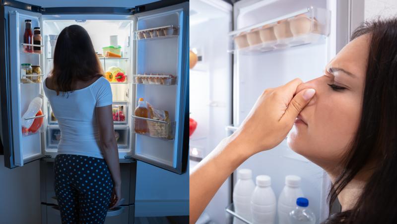 colaj foto cu o femeie care deschide frigiderul si simte un miros neplacut