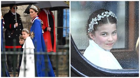 Prințesa Charlotte, varianta în miniatură a lui Kate Middleton, la încoronare. Ce bijuterie-pereche a purtat micuța pe cap