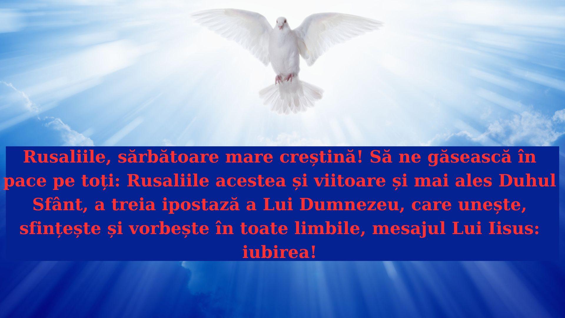 felicitare cu un porumbel alb si cerul albastru cu un chenar ce are text urare de rusalii 2023