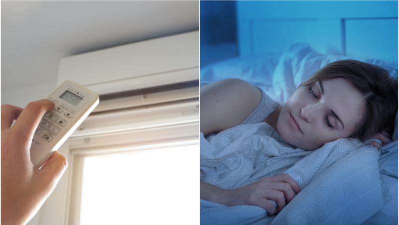 colaj foto aparat de aer conditionat si femeie care doarme