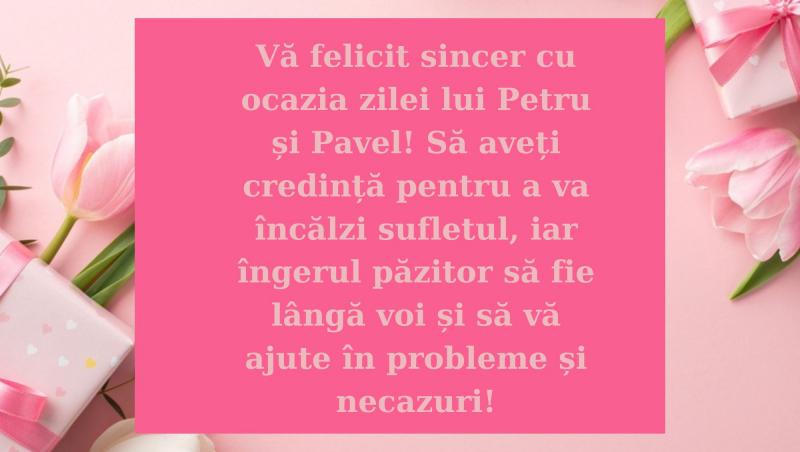 Indiferent că ești în căutarea de urări creștine și mesaje cu un simplu ”La mulți ani”, găsești în GALERIA FOTO o mulțime de felicitări pentru cei care își sărbătoresc onomastica pe 29 iunie de Sf. Petru și Pavel.