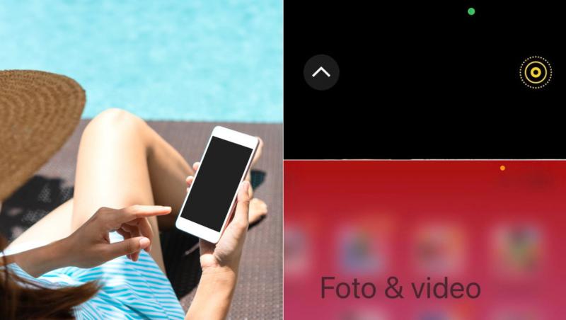 colaj de imagini cu o femeie ce tine un telefon alb in mana si doua print screen uri de ecran ce arata iconitele cu diverse culori