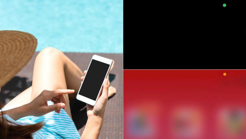 colaj de imagini cu o femeie care foloseste un telefon si cele doua punctulete care apar pe iphone