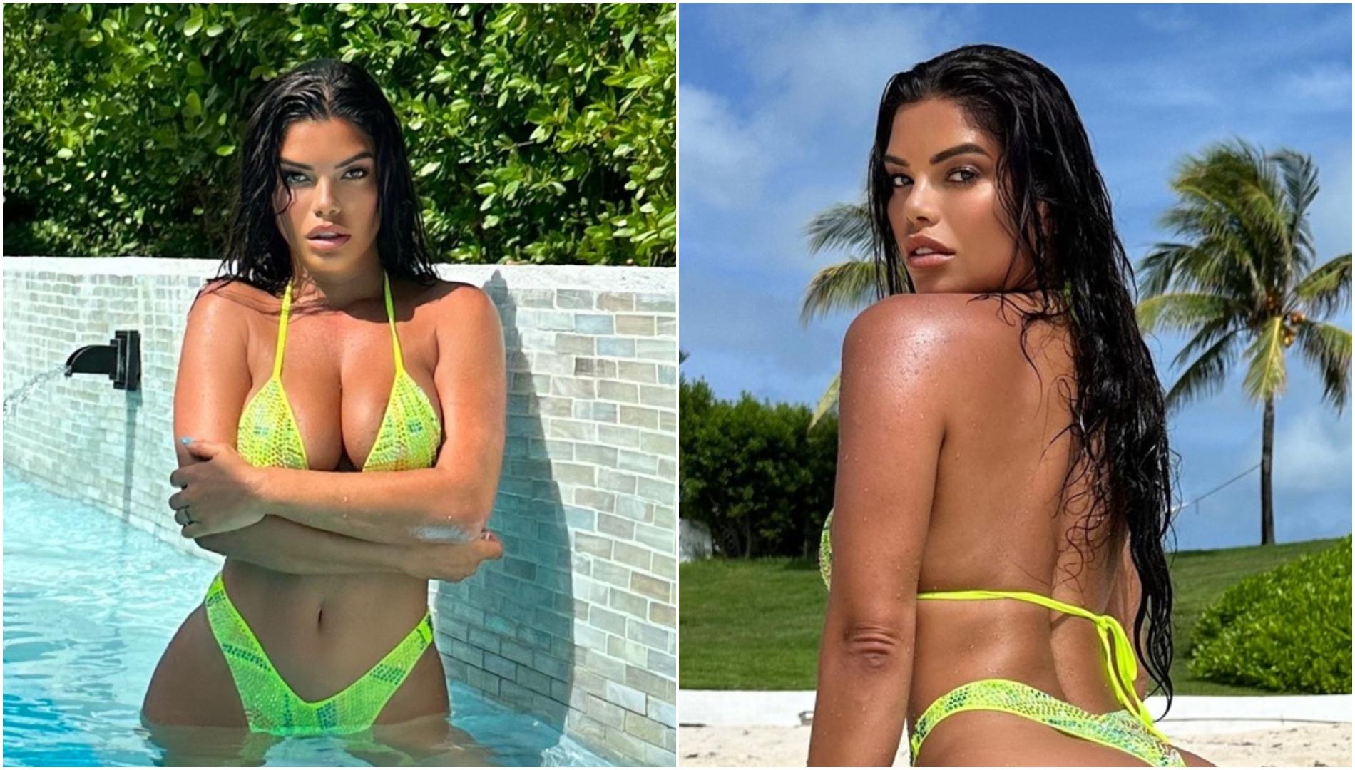 imagini cu Modelul brazilian Suelyn Medeiros intr-un costum de baie galben, pe plaja