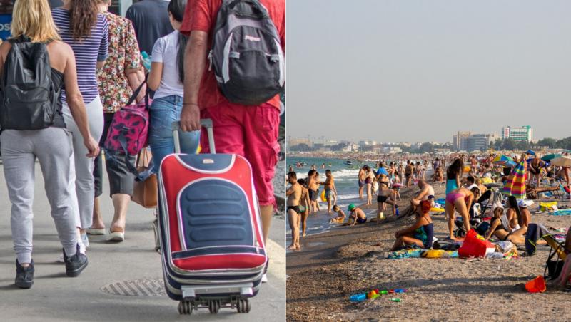 colaj de imagini cu oameni cu bagaje si oameni in vacanta, pe plaja