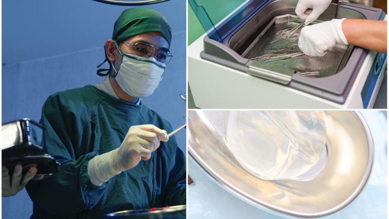 colaj foto cu un chirurg, poza cu trusa de sterilizat si poza cu implant mamar