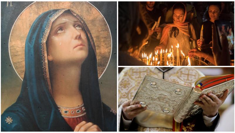 Colaj cu Sfânta Maria, lumânări aprinse și cartea unui preot