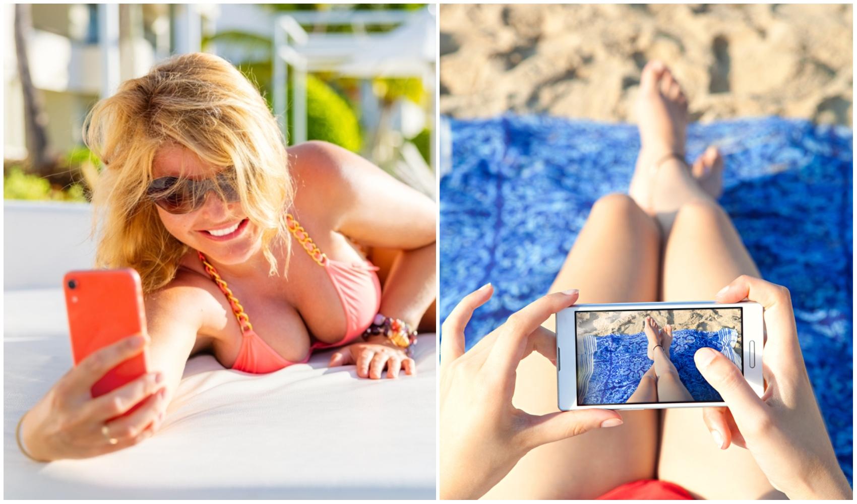 colaj foto cu femeie facandu-si selfie la plaja si femeie la plaja uitandu-se la poze