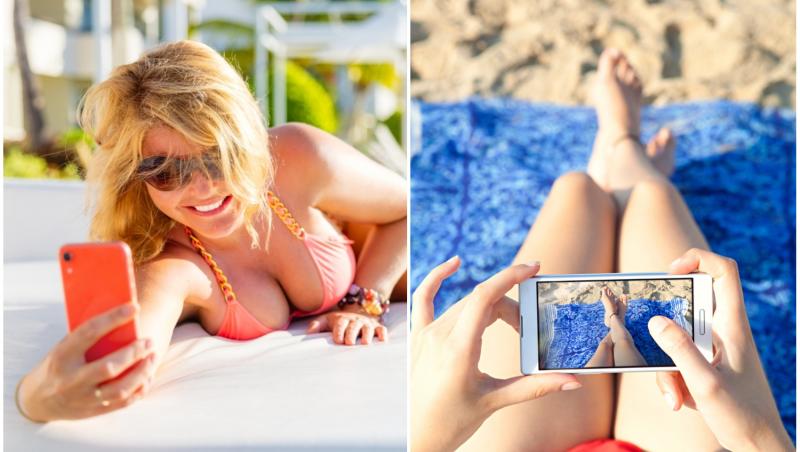 colaj foto cu femeie facandu-si selfie la plaja si femeie la plaja uitandu-se la poze