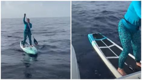 Momente de panică pentru o sportivă care vâslea. Ce a ieșit din ocean, în timp ce soțul ei o filma dintr-o barcă: „E mare?”