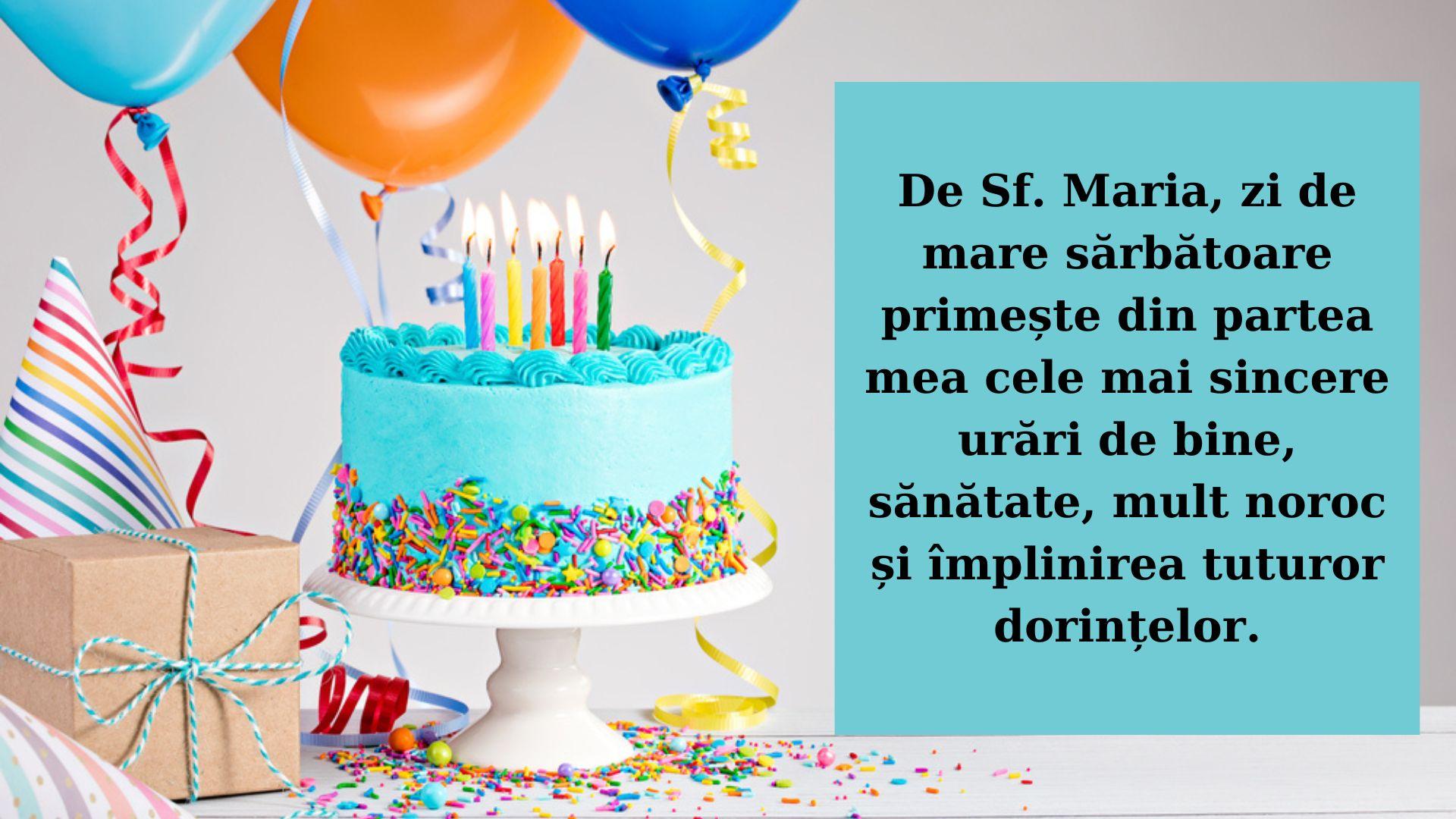 baloane, tort albastru pe o felicitare cu urare de sf maria