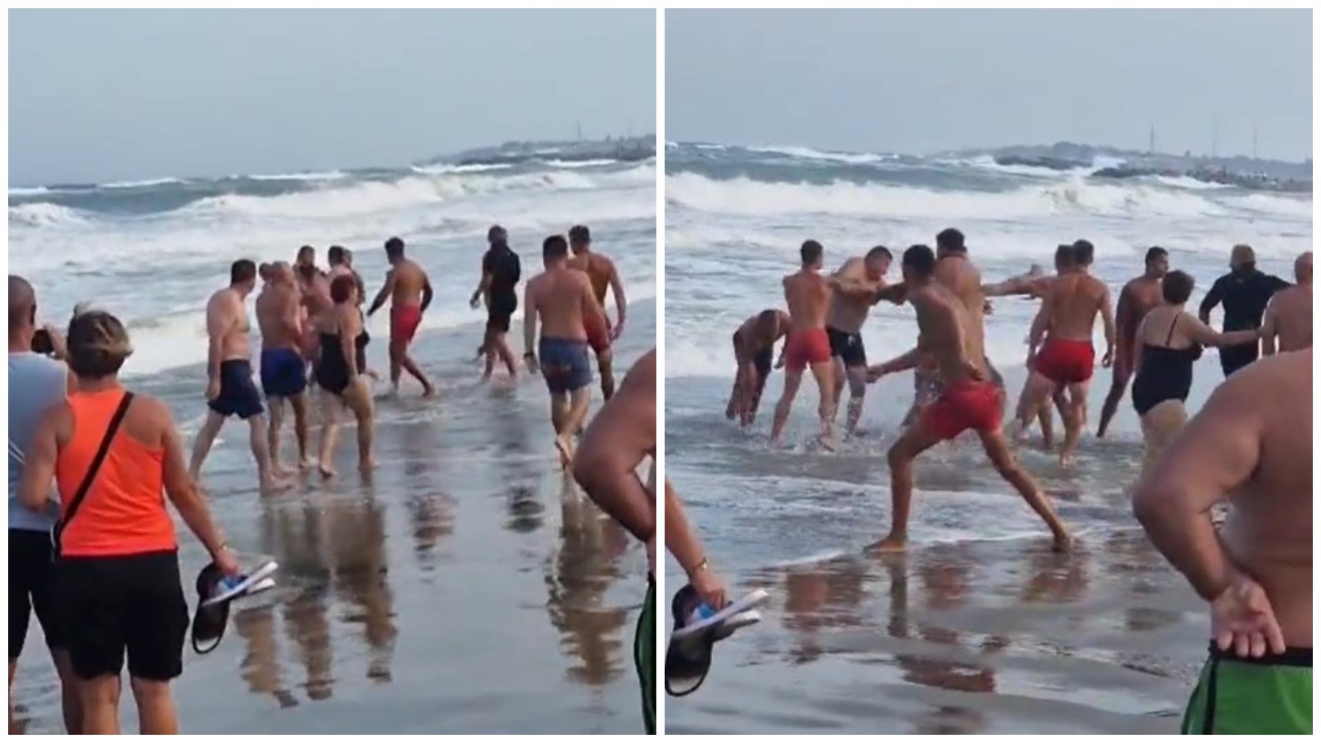 Momentul în care niște turiști sar la bătaie când salavamarii le interzic să intre în marea agitată. Încăierarea a fost filmată
