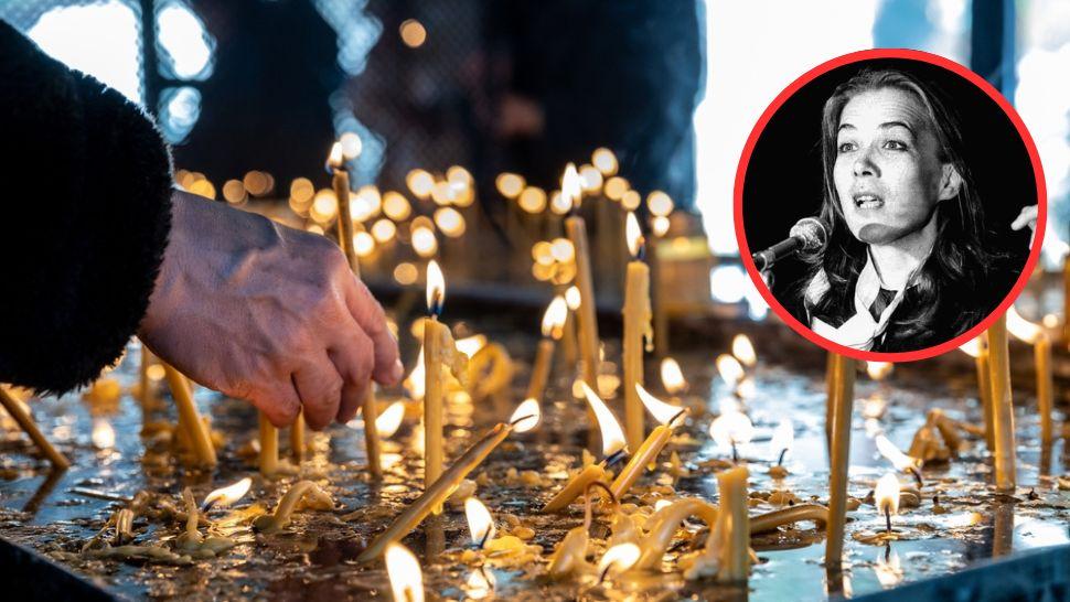 colaj foto cu mână care aprinde lumânări la biserică și fotografia actriței mariana buruiană