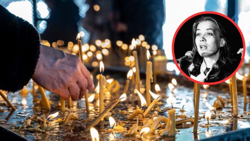 colaj foto cu mână care aprinde lumânări la biserică și fotografia actriței mariana buruiană