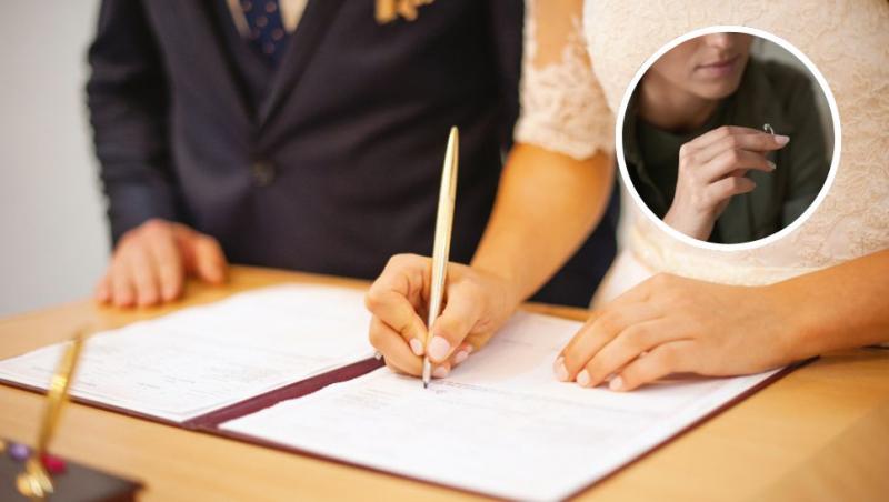colaj mireasă și mire care semnează actele de căsătorie și femeie care ține un inel de logodnă în mână