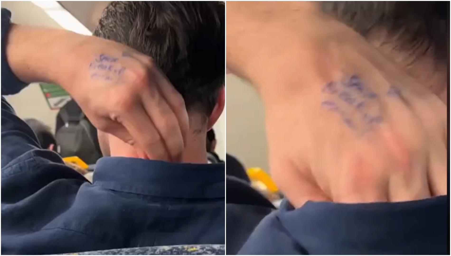 O femeie a observat un mesaj bizar scris cu pixul pe mâna călătorului din fața ei. Ce a urmat după ce a postat totul pe internet
