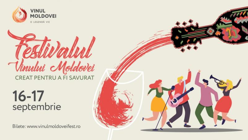 imagine cu logo-ul festivalului vinul moldovei si desen cu persoane care danseaza