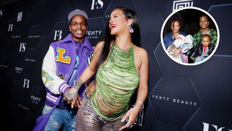 colaj Rihanna și A$AP Rocky pe covorul roșu și Rihanna și A$AP Rocky împreună cu RZA, băiețelul lor cel mare, și Riot Rose, noul membru al familiei