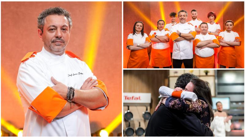 Colaj cu chef Sorin Bontea în tunică portocalie alături de concurenții din sezonul 12 Chefi la cuțite, pe platoul de filmare