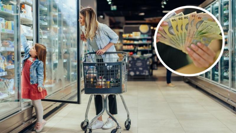 colaj femeie și fetiță la cumpărături într-un supermarket și mână care ține roni