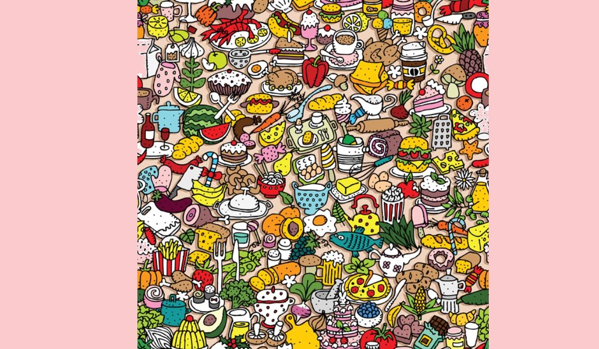imagine cu un desen tip doodle ce prezintă diferite obiecte de bucatarie sau alimente