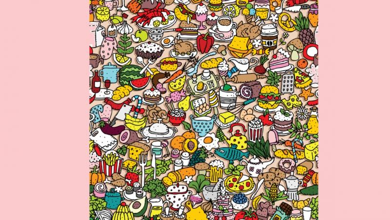imagine cu un desen tip doodle ce prezintă diferite obiecte de bucatarie sau alimente