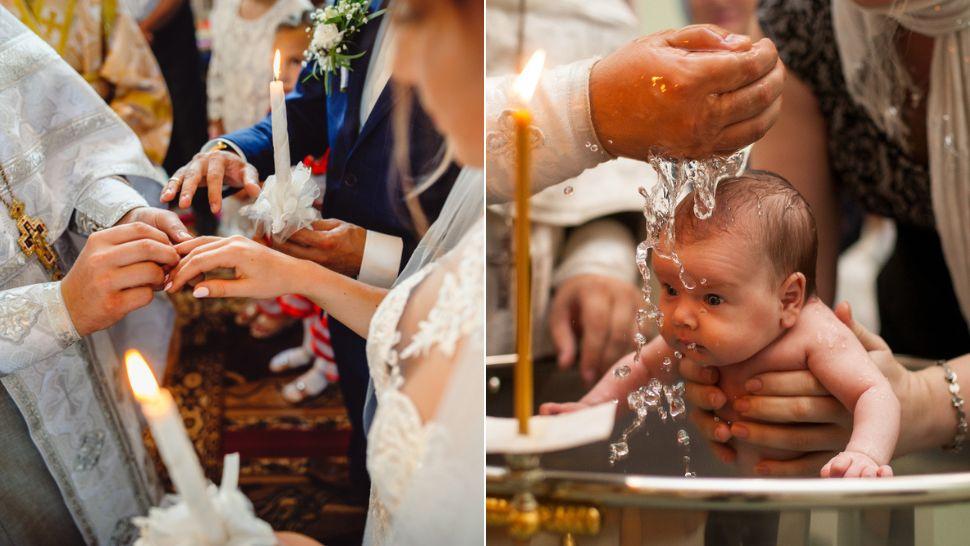 colaj mire și mireasă în biserică și preot care le pune verigheta pe deget și bebeluș care este botezat