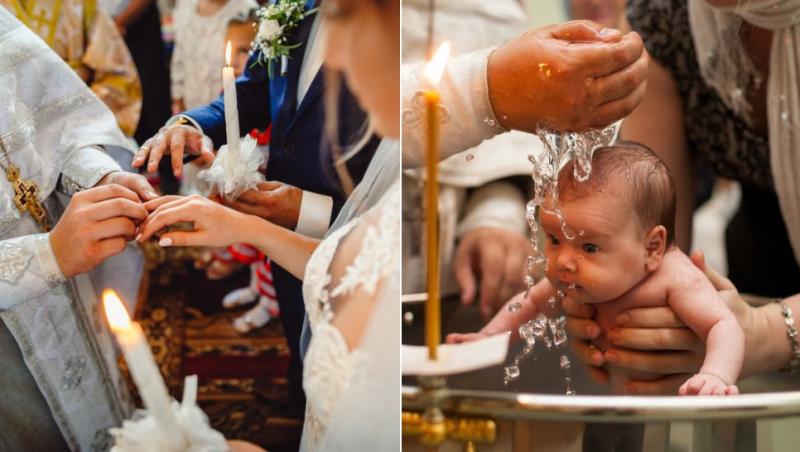 colaj mire și mireasă în biserică și preot care le pune verigheta pe deget și bebeluș care este botezat