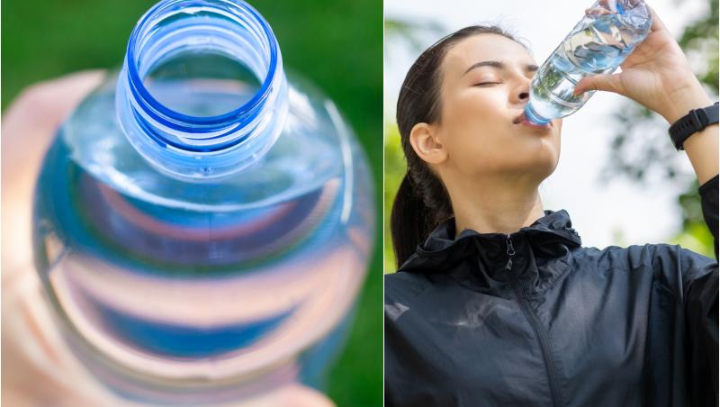 colaj foto cu o sticlă de apa și o persoana care bea dintr-o sticlă de apă