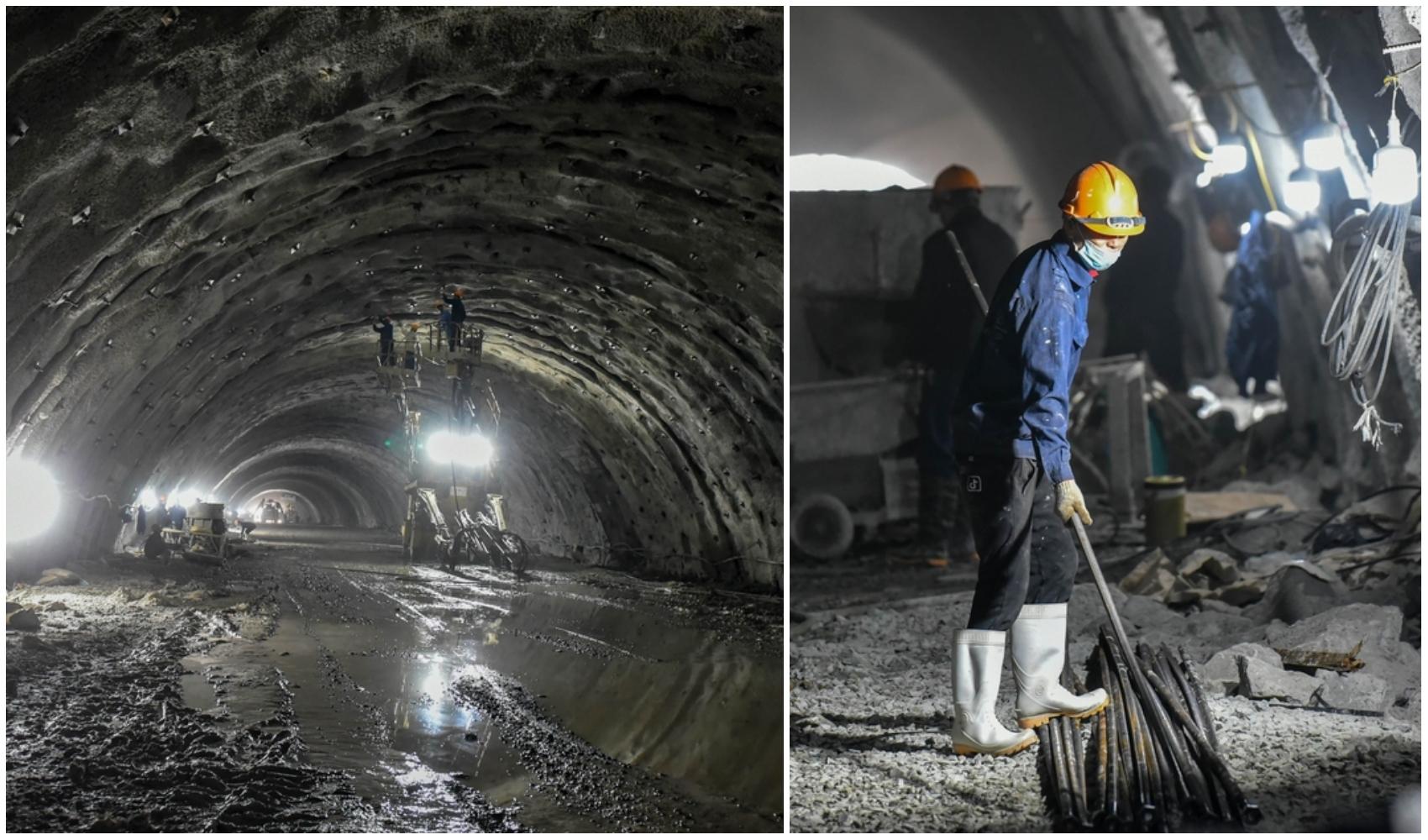 colaj foto cu muncitori ce sapa la un tunel