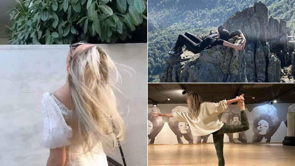 colaj Laura Cosoi în orchiță albă de vară, Laura Cosoi întinsă pe o stâncă și Laura Cosoi făcând yoga într-o sală de gimnastică