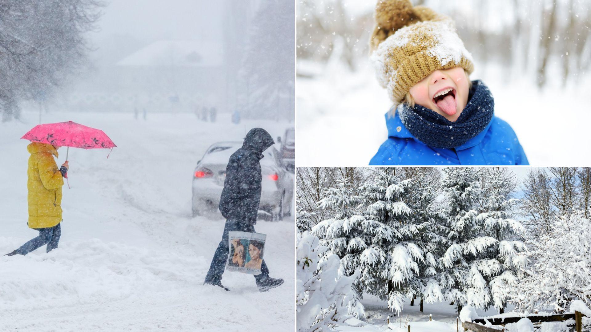 colaj de imagini cu ninsoare si oameni pe strada