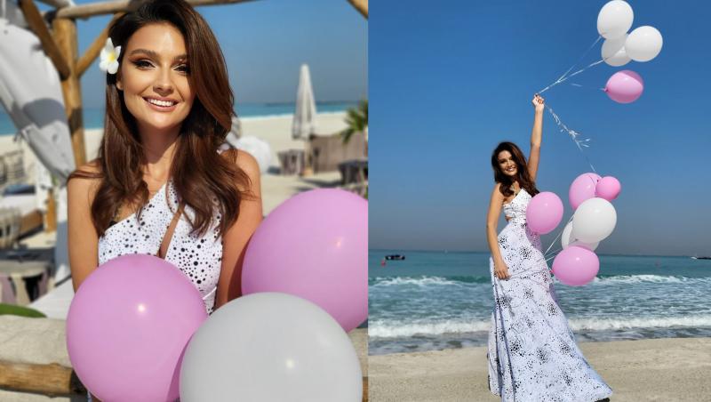 colaj foto cu olivia paunescu in rochie alba, la plajă, cu baloane albe si roz