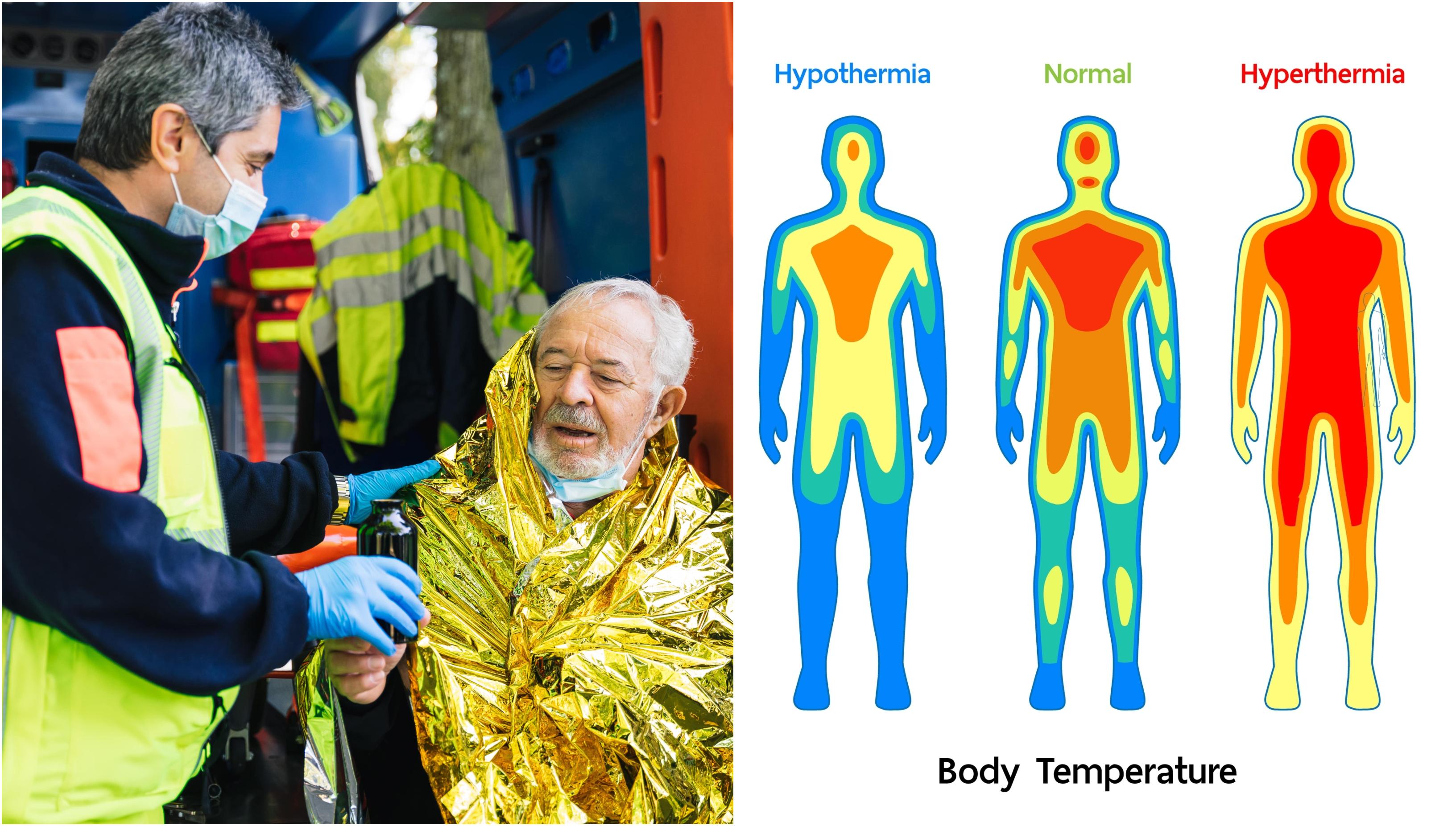 colaj foto cu o persoana care sufera de hipotermie si o poza care arata grafic hipotermia la om