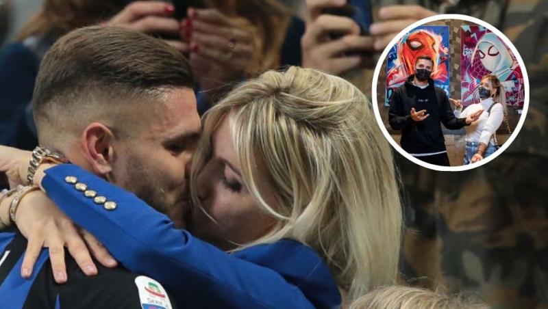 colaj Mauro Icardi în compleu de fotbalist sărutându-se cu Wanda Nara după meci și Mauro Icardi și Wanda Nara cu măști în fața unui afiș