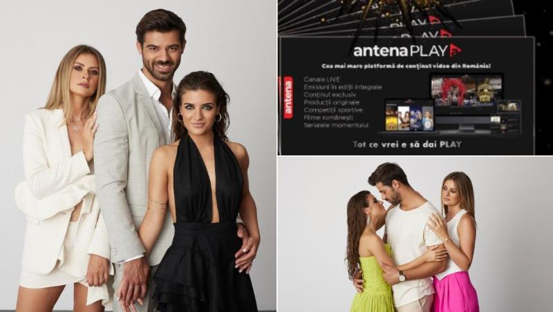 colaj Alice (Ioana Blaj), Lia (Ana Bodea) și Petru (Ștefan Floroaica) și afiș Antena 1 cu vouchere AntenaPLAY pentru Concurs
