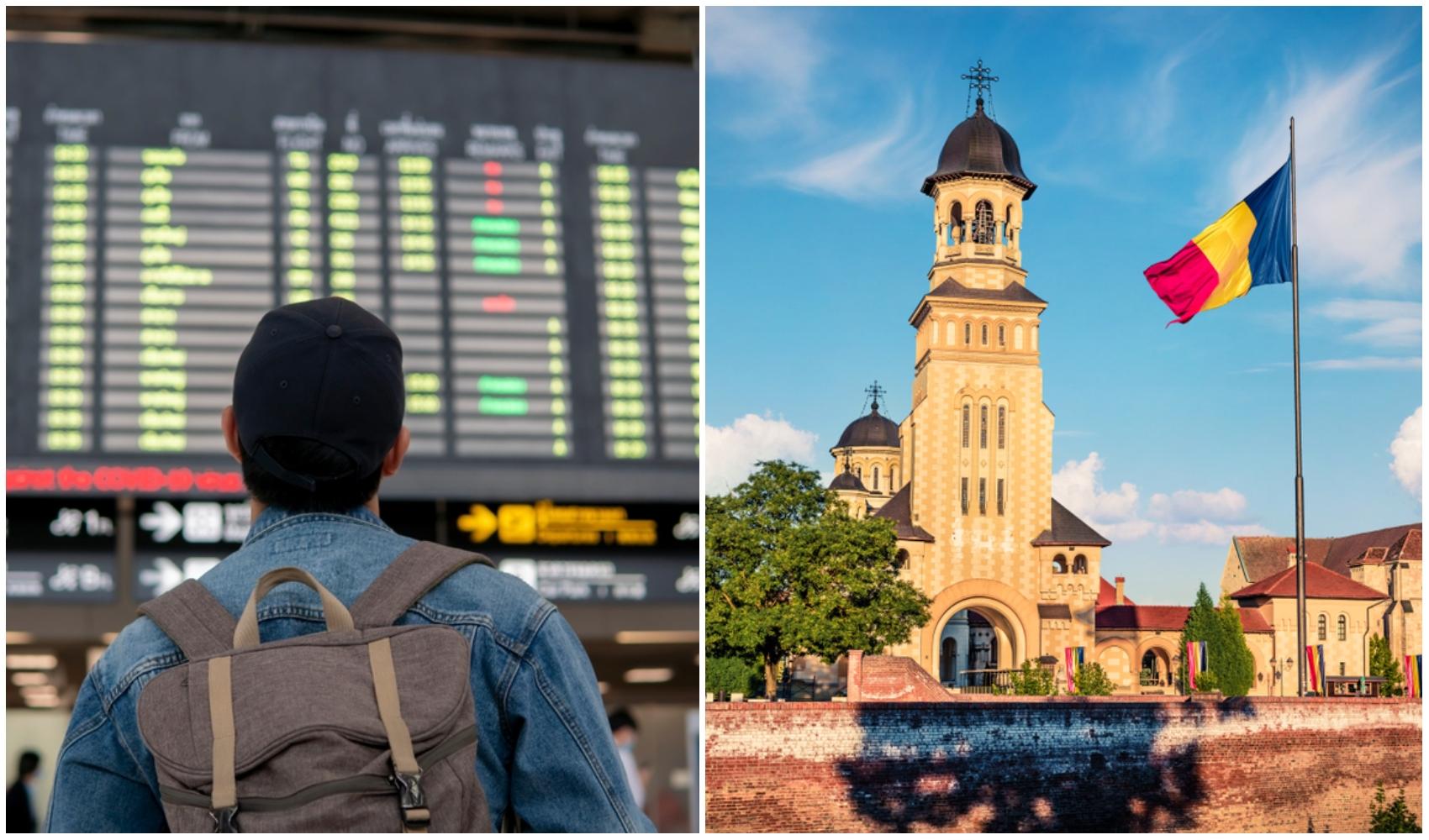 imagine cu turist privind un tabel de tren si imagine din alba iulia