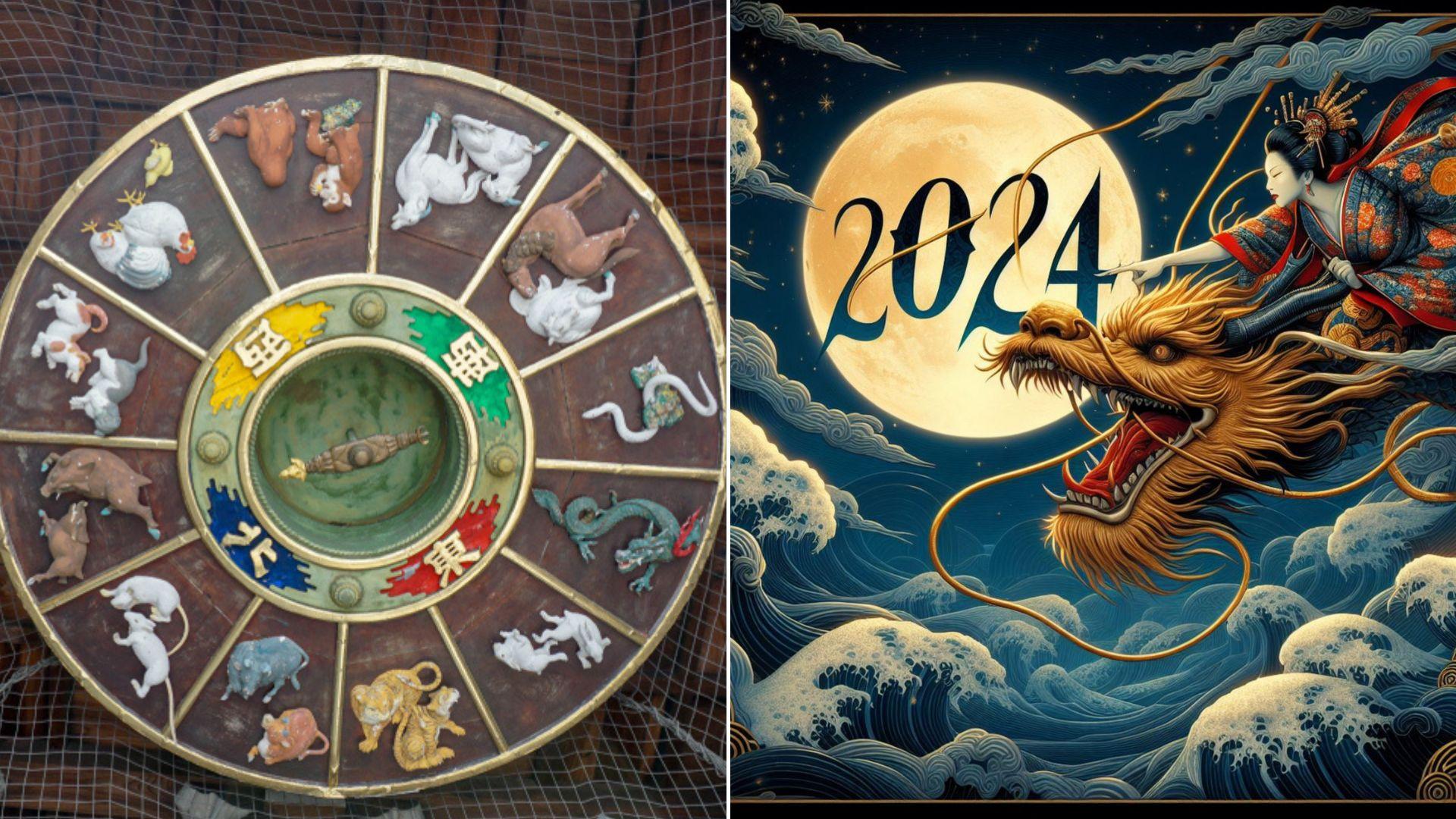 colaj de imagini cu cele 12 zodii din zodiacul chinezesc si un dragon cu anul 2024