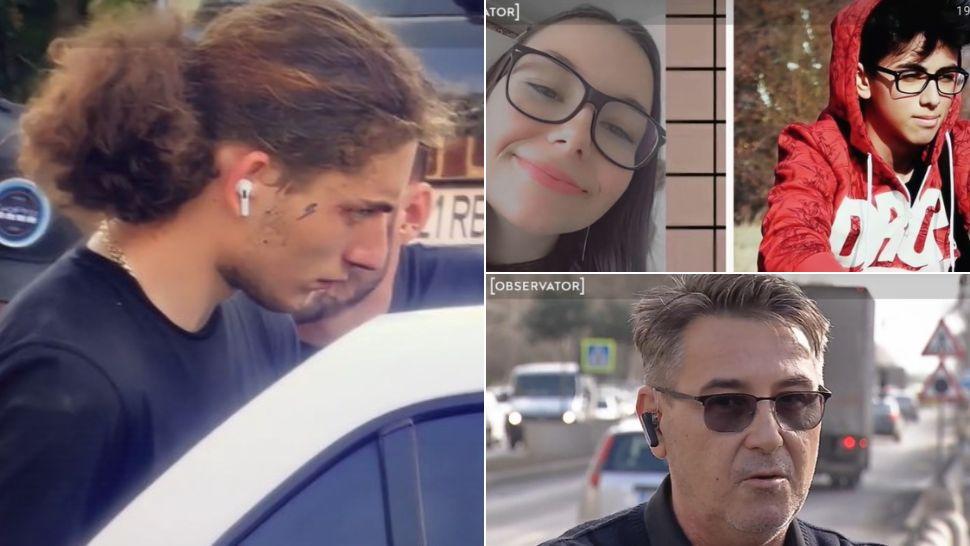 colaj Vlad Pascu dus la mașina de poliție, Roberta și Sebastian victimele lui Vlad Pascu și tatăl Robertei