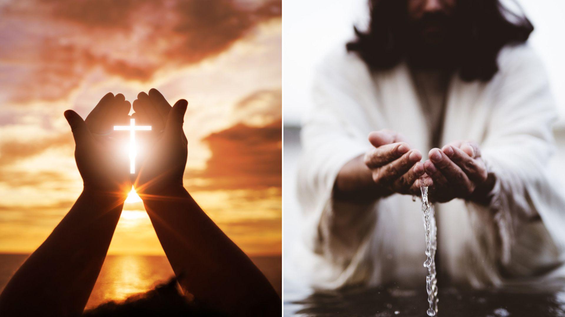 colaj de imagini cu o mana cu cruce si o imagine care il intruchipeaza pe iisus hristos la botez