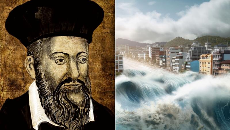 colaj de imagini cu portretul lui nostradamus si un oras inundat