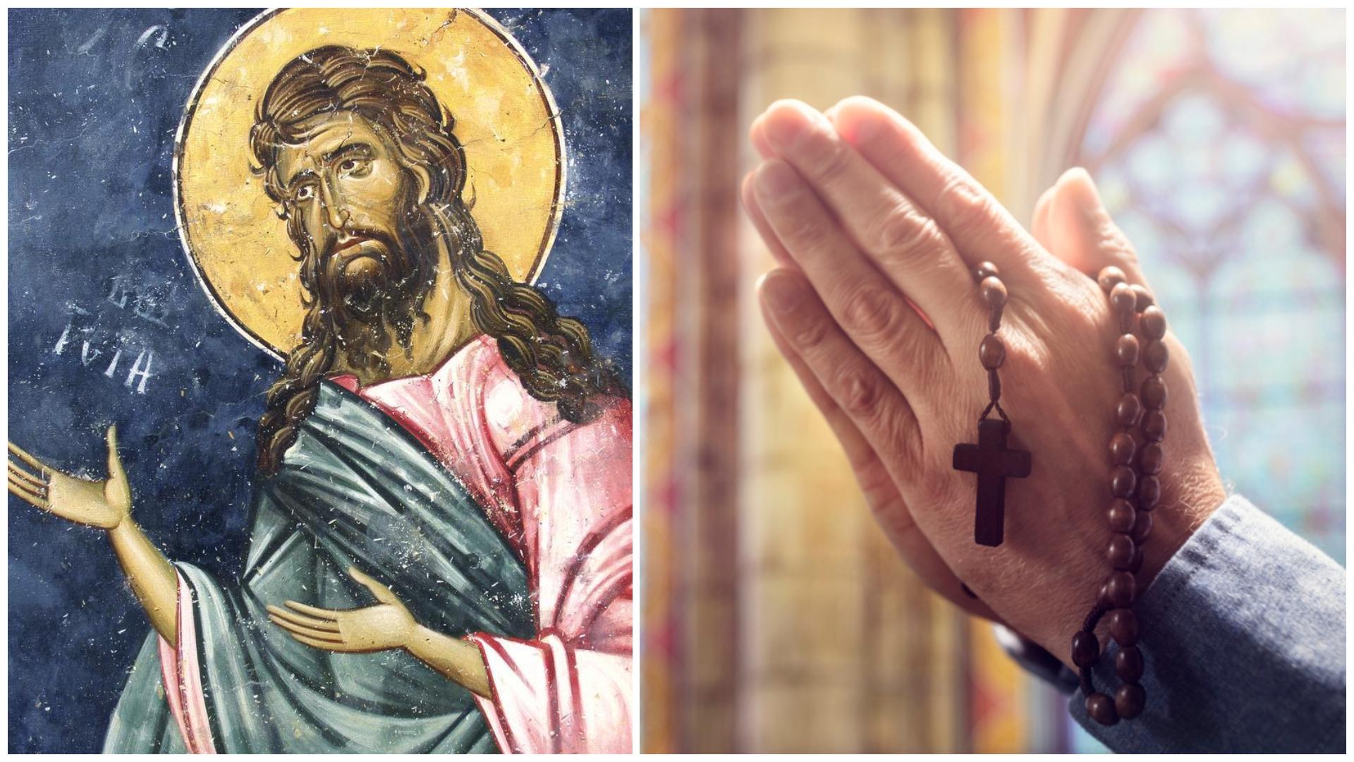Pictură cu Sfântul Ioan Botezătorul și mâini care se roagă ținând o cruce