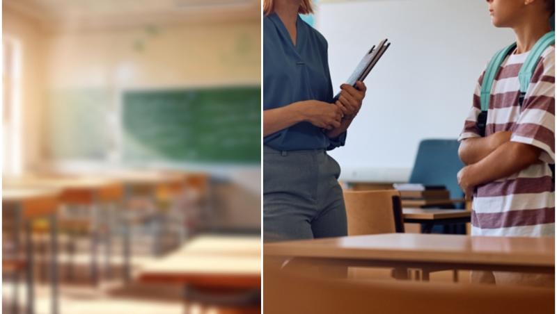 colaj foot cu imaginea unei clase si poza cu o profesoara si un elev