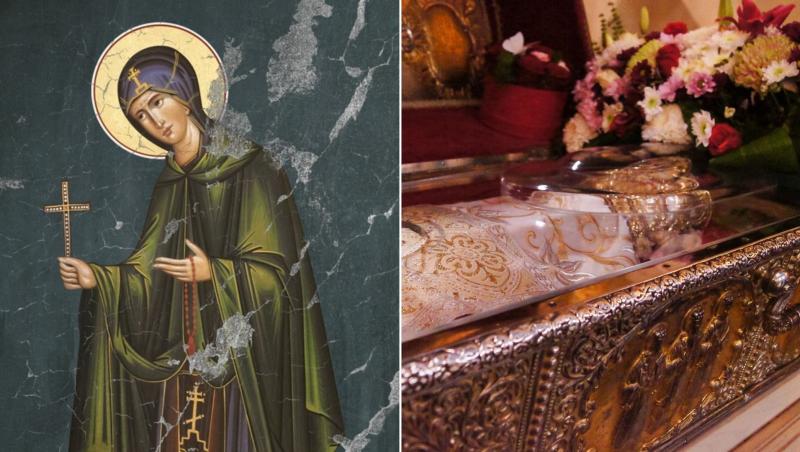 colaj de imagini cu icoana cu sfanta cuvioasa parascheva si moastele ei