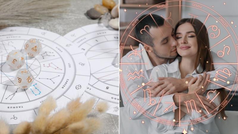 colaj de imagini cu zodii si un cuplu, precum si pietre pe o harta astrala