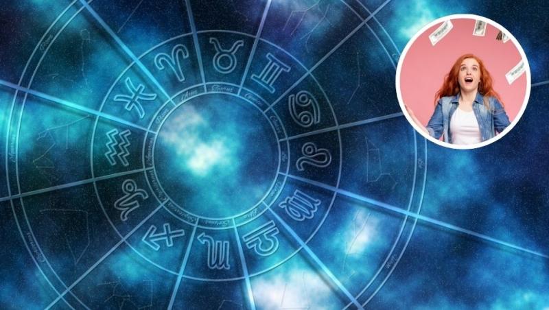 colaj semnele zodiacale dispune în cerc pe un fundal labastru și o tânără peste care cad bani