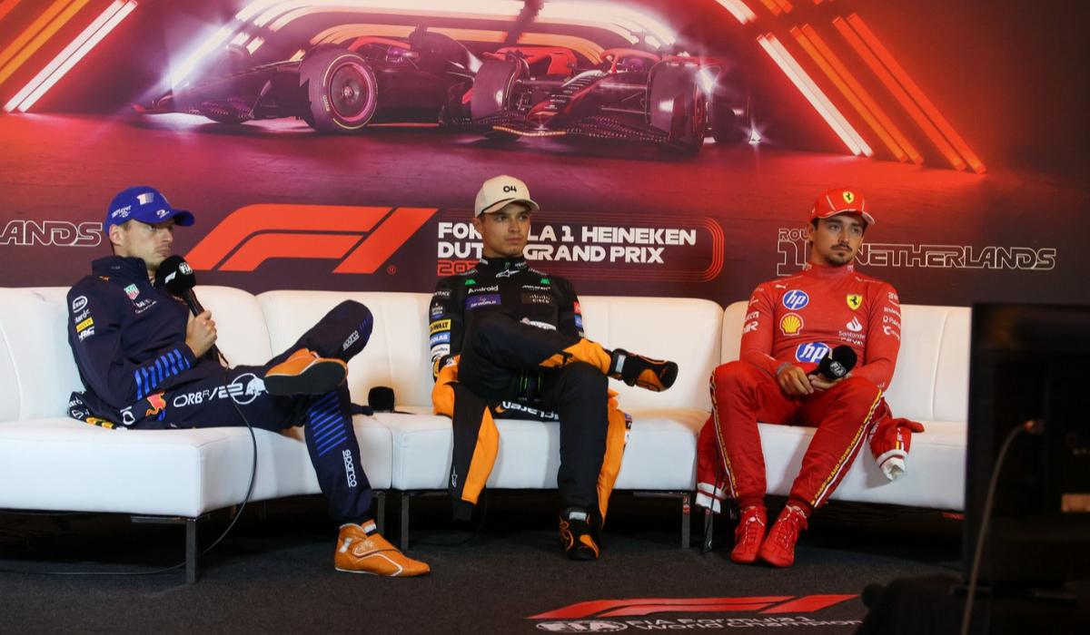 Max Verstappen, Lando Norris şi Charles Leclerc la conferinţa de presă de la Marele Premiu al Olandei