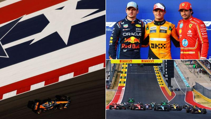 colaj monopost mclaren pe circuitul din texas, max verstappen, lando norris și carlos sainz, monoposturi formula 1 pe circuitul din texas