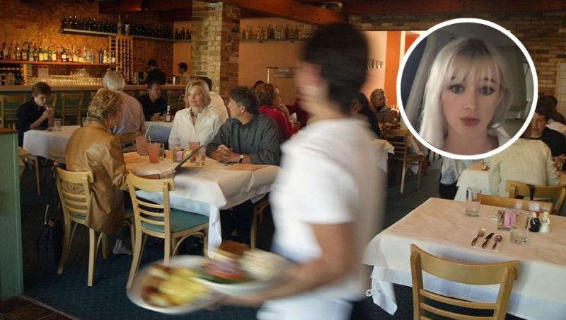 colaj mese pline într-un restaurant și chelneriță care duce comanda și o tânără blondă