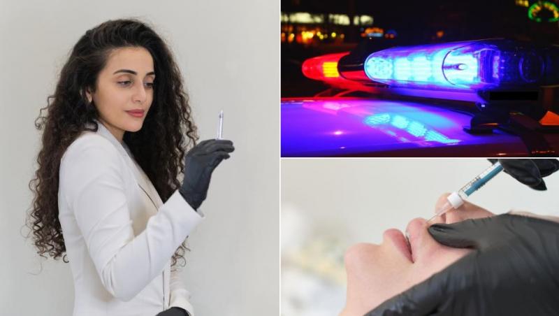 colaj femeie creață care are o seringă, girofar pe o mașină de poliție, medic estetician care injectează buza superioară a unei paciente